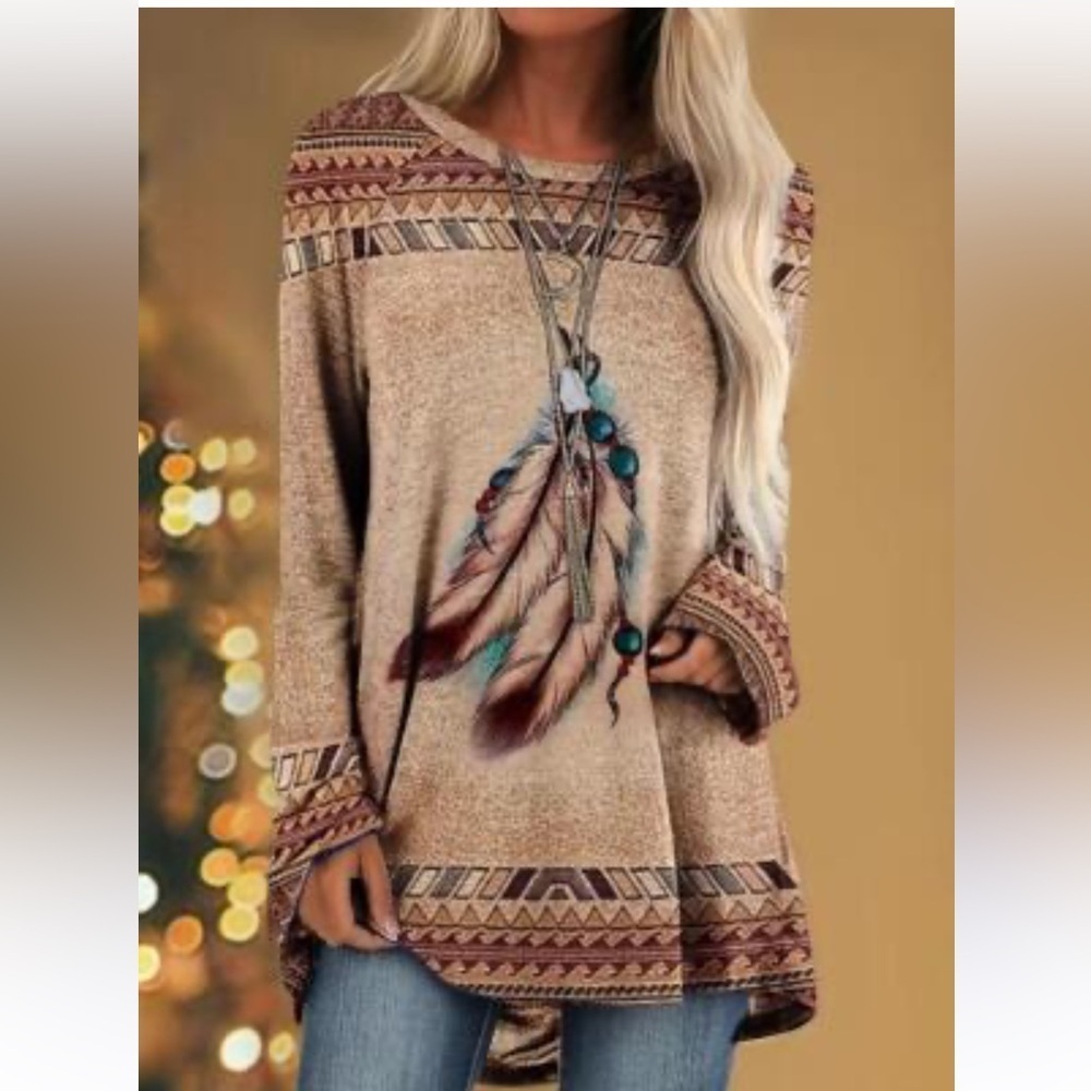 Unbranded Indian Feather Western Graphic Print Casual Long Sleeve Top S 1XL D15
